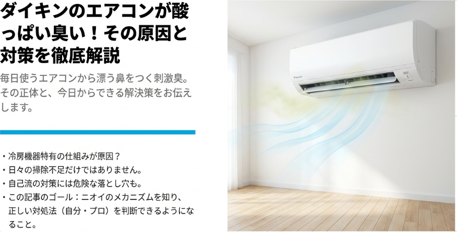 ダイキンのエアコンから酸っぱい臭いがする原因と対策を解説する記事のアイキャッチ画像。エアコンから涼しい風が出ているイラスト