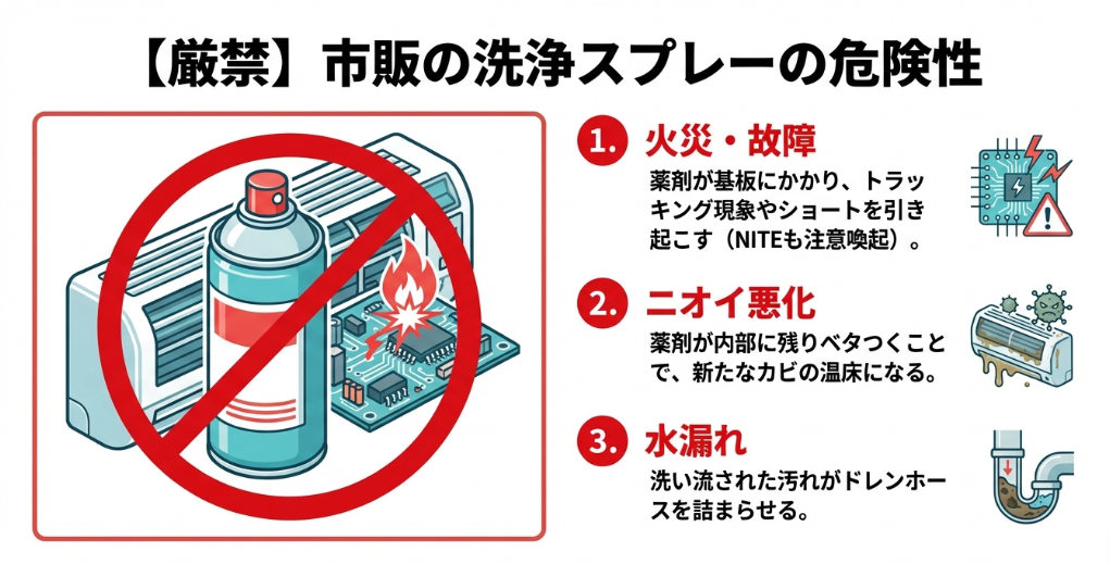 市販の洗浄スプレーが原因で基板がショートし、火災や故障、ニオイの悪化、水漏れを引き起こすリスクの警告図