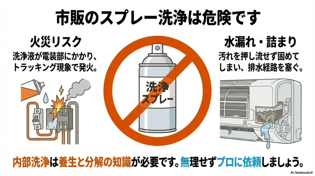 洗浄液が電装部にかかることによる発火リスクと、汚れを固めて排水経路を塞ぐ水漏れリスクの警告。