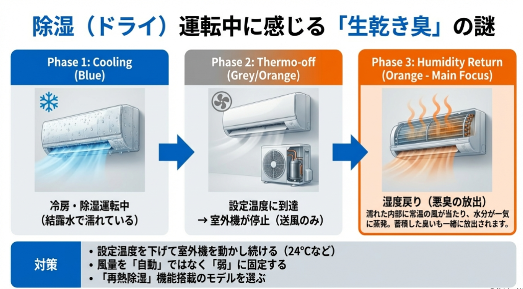 サーモオフ時に濡れた内部から水分と臭いがいっぺんに蒸発する湿度戻り現象とその対策方法の図解