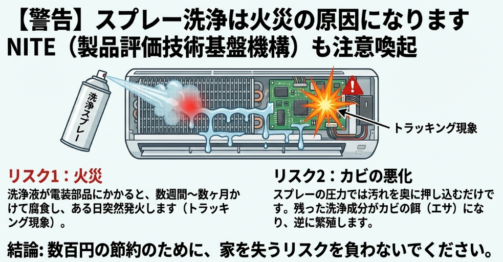 エアコン内部の電装部品に洗浄スプレーがかかり、トラッキング現象によって発火する様子を描いた警告イラスト。