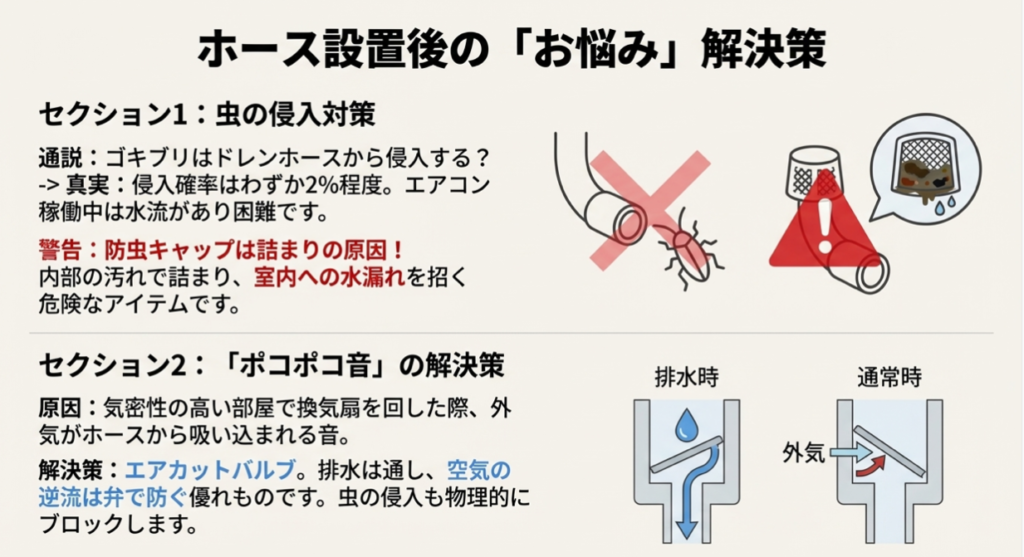 防虫キャップが内部の汚れで詰まり水漏れを招く警告と、排水を通しながら外気の逆流と虫の侵入を弁で防ぐエアカットバルブの仕組みの比較図