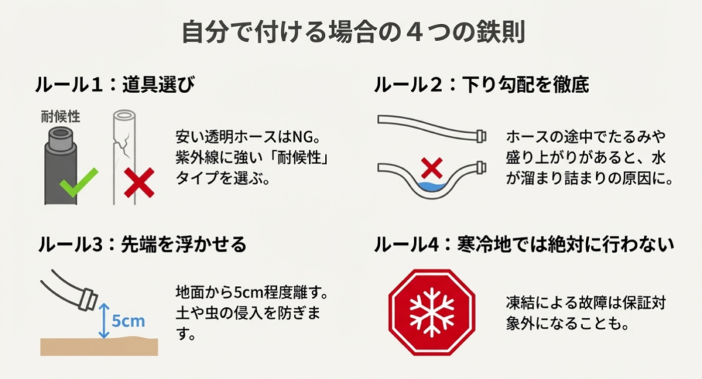 耐候性ホースの選択、下り勾配の維持、先端を5cm浮かせる処理、寒冷地では行わないことの4点を解説するDIYガイド図
