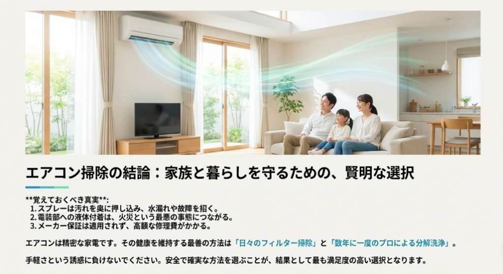 プロの洗浄により清潔な空気が流れる部屋で、家族が安心して過ごす様子を描いた、賢明な選択を促す結論スライド