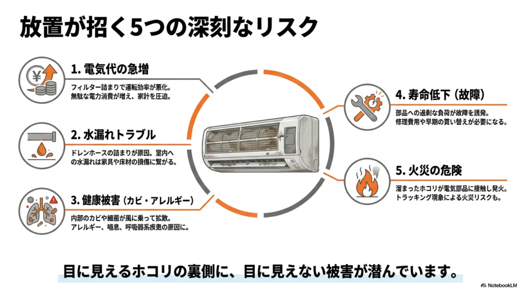 エアコン掃除を放置することで発生する、電気代急増、水漏れ、健康被害、寿命低下、火災の5つのリスク一覧。