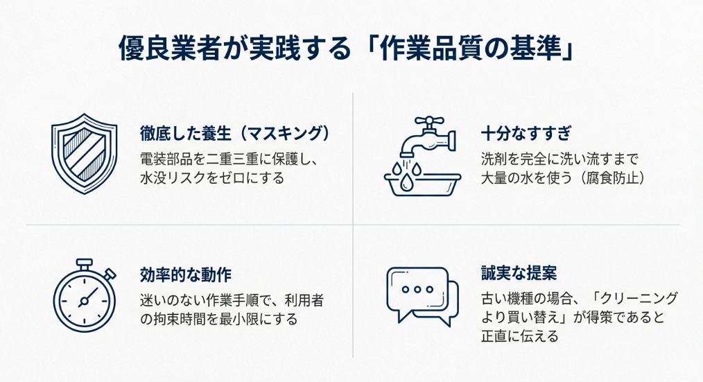 徹底した養生、十分なすすぎ、効率的な動作、誠実な提案といった、高品質な作業を維持するための4つの基準。