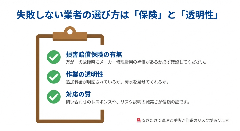 損害賠償保険の有無、作業の透明性、対応の質の3点を確認して信頼できる業者を選ぶためのコツ。