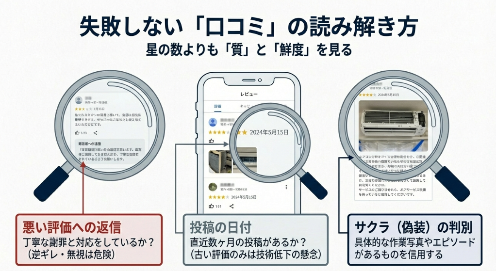 良い評価だけでなく、悪い評価への返信内容や投稿の日付、サクラの判別方法など、口コミチェックのポイント。