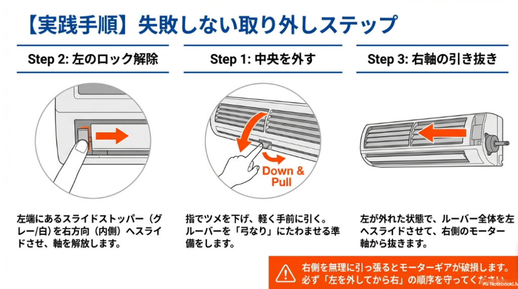 ルーバーを中央、左ロック、右軸の順に外す具体的な実践手順のイラスト