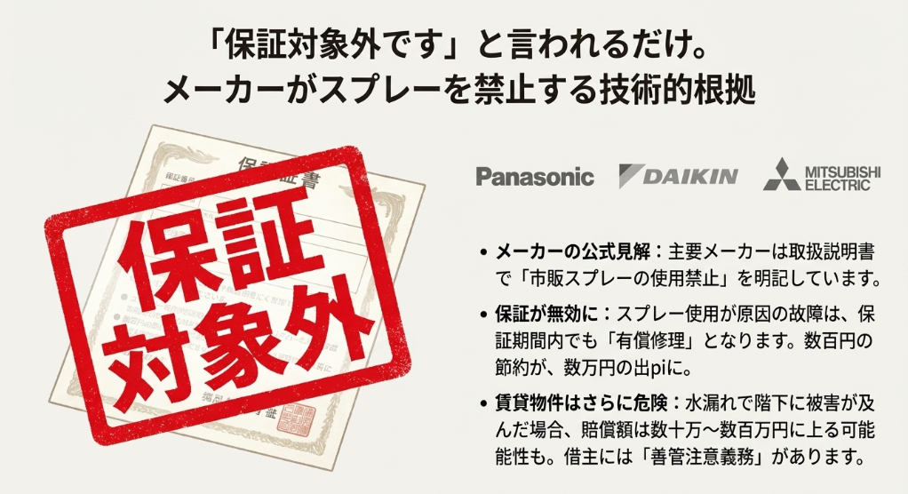 主要メーカーがスプレーを禁止している根拠と、保証が無効になるリスク、賃貸物件での高額な賠償可能性をまとめたスライド