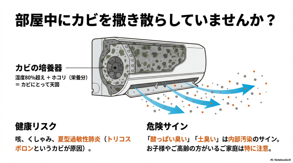 湿度80%超とホコリでカビが繁殖する仕組みと、咳やくしゃみ、夏型過敏性肺炎などの健康リスクの解説。