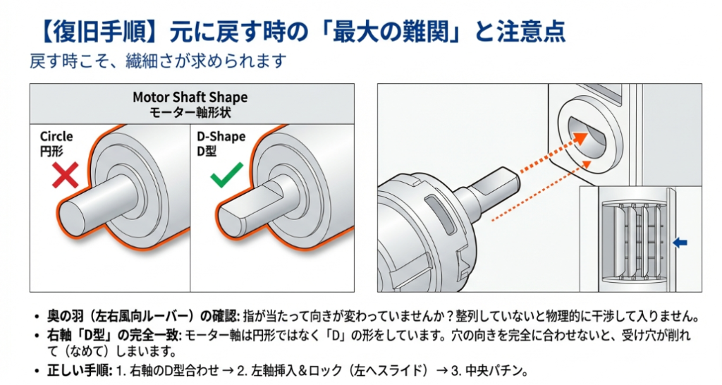 エアコンモーター軸のD型形状とルーバー側の穴を正確に合わせる挿入方法の図解