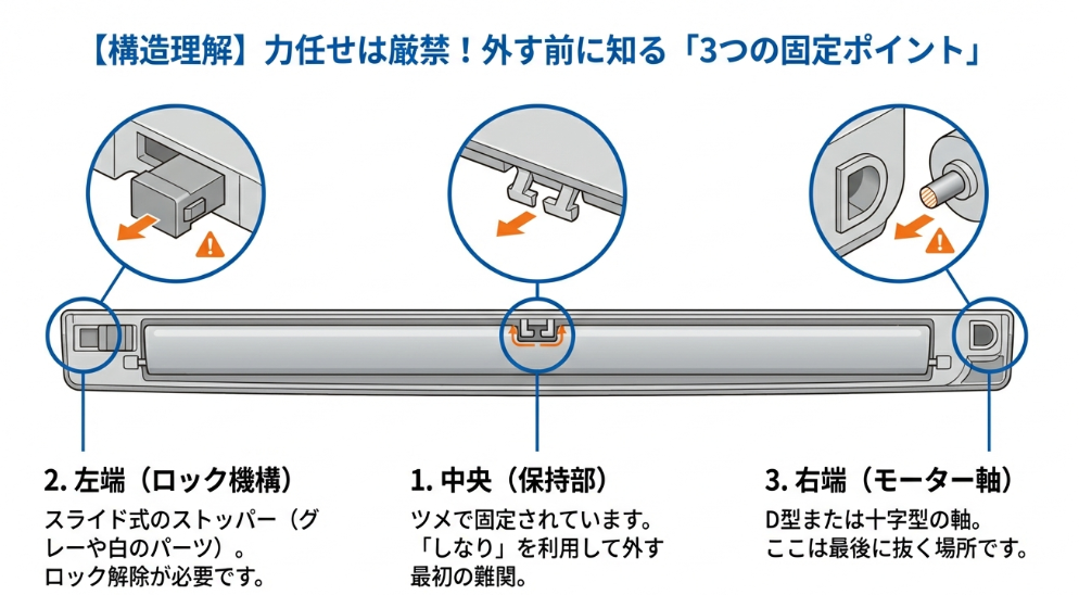 ルーバーの中央ツメ、左端スライドロック、右端モーター軸の3箇所の固定構造図