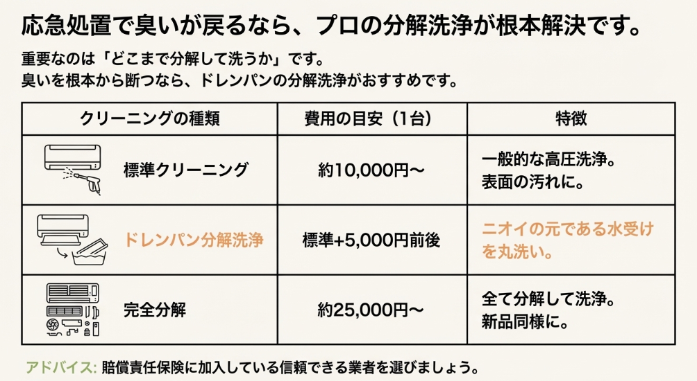 標準クリーニング、ドレンパン分解、完全分解の費用目安とそれぞれの洗浄範囲の特徴をまとめた比較表