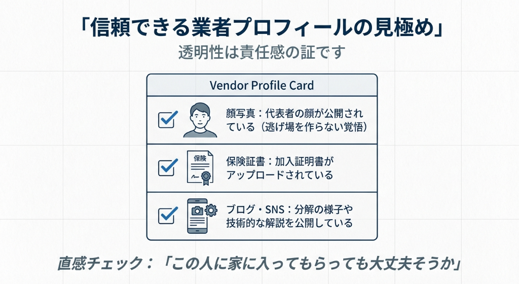 顔写真の公開、保険証書のアップロード、ブログやSNSでの技術公開など、信頼できる業者を見極めるチェック項目。