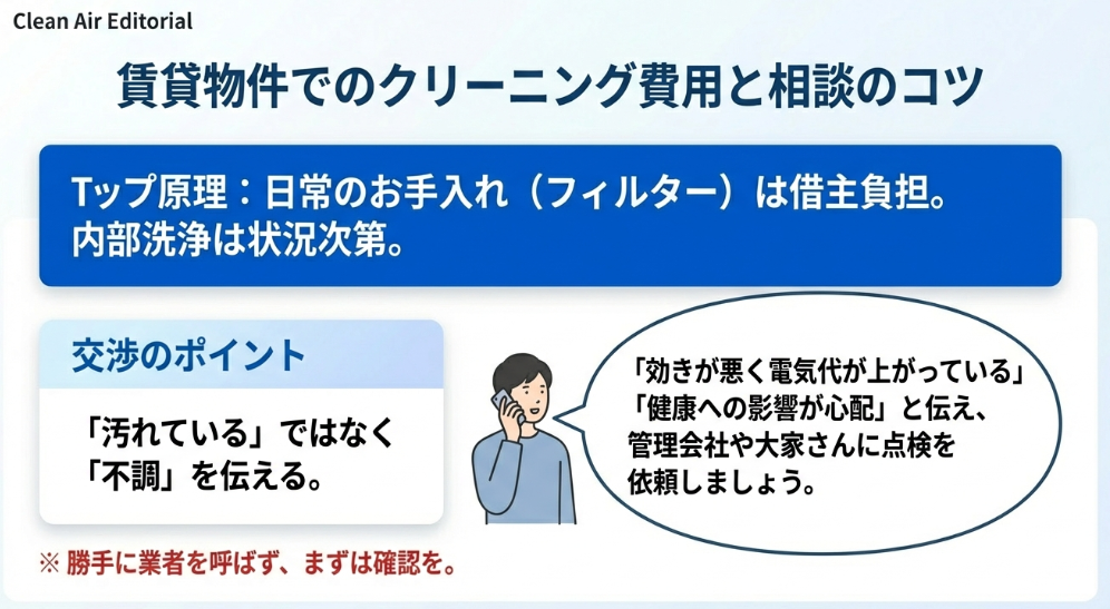 管理会社や大家さんへ、エアコンの不調や健康影響を伝えて費用負担を相談する際のポイントを解説したスライド。