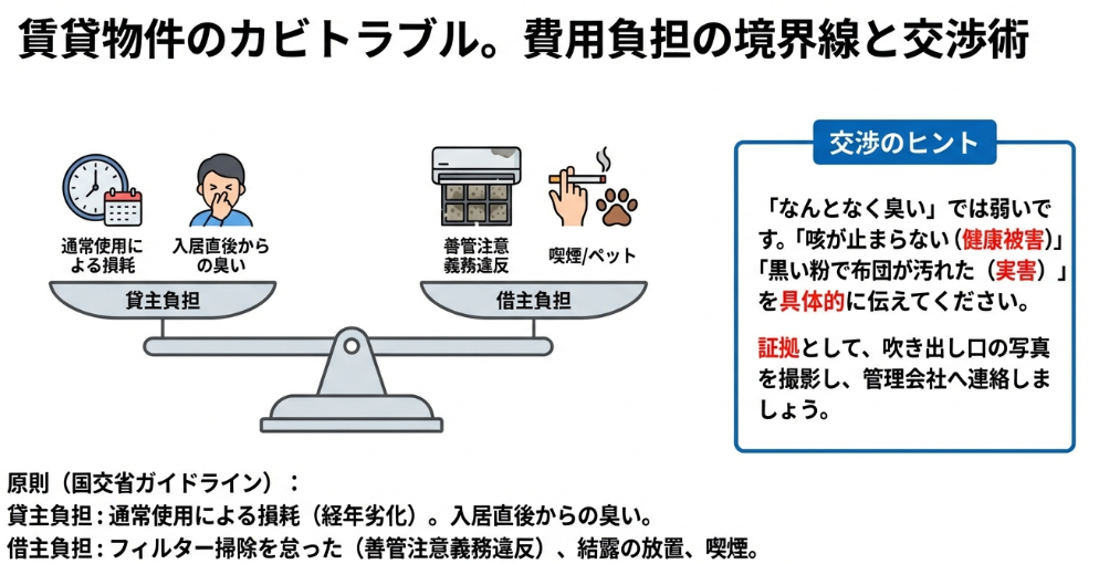 賃貸物件におけるエアコンクリーニング費用の負担区分。通常使用による損耗は貸主負担、善管注意義務違反は借主負担であることを示す天秤のイラスト。