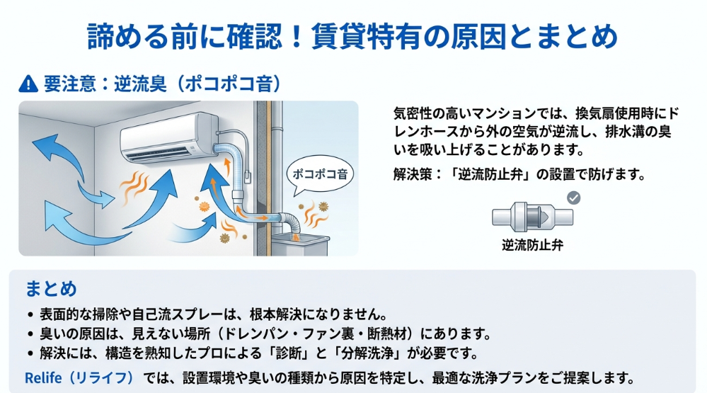 気密性の高い部屋での外気逆流による悪臭と解決策、および根本解決にはプロの分解洗浄が必要であるという全体のまとめ