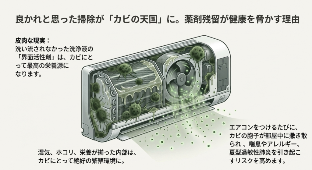 流しきれなかった界面活性剤がカビの栄養源となり、エアコンをつけるたびに胞子を部屋中に撒き散らす健康リスクの解説図