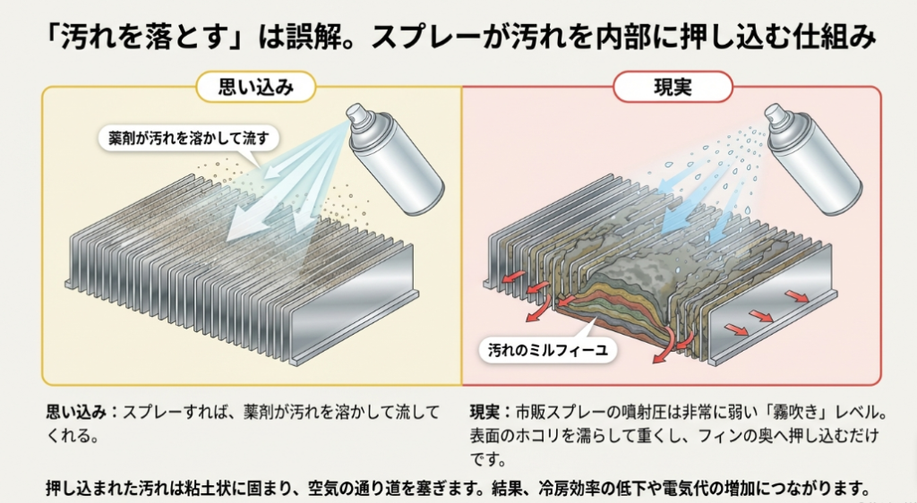 市販スプレーの弱い噴射圧がホコリをフィンの奥へ押し込み、粘土状に固めて空気の通り道を塞いでしまう仕組みの図解