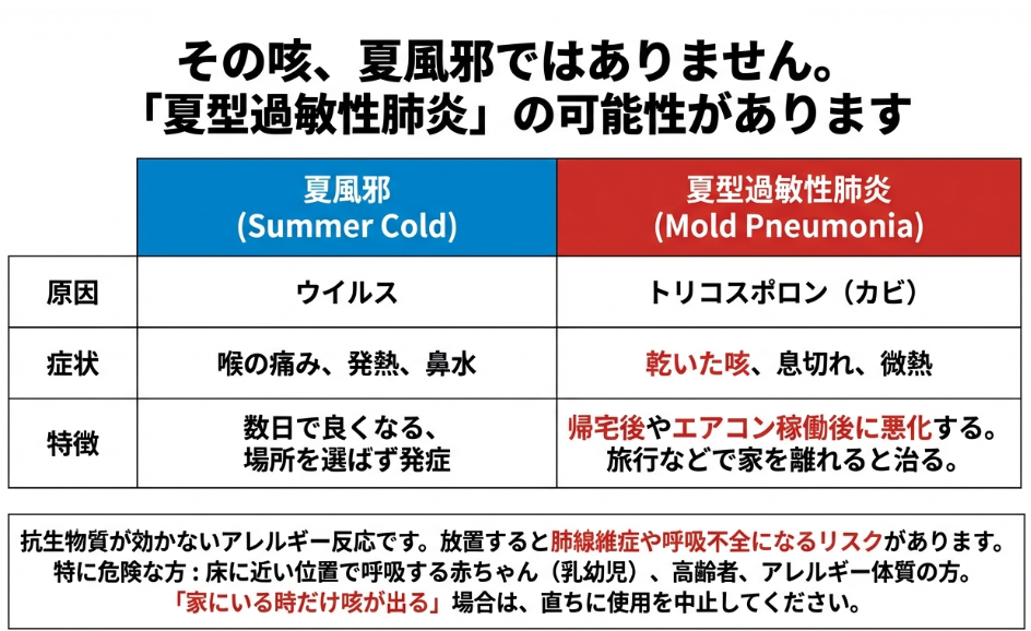 夏風邪（ウイルス）と夏型過敏性肺炎（トリコスポロンなどのカビ）の原因、症状、特徴の違いを比較した表。