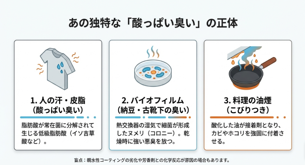 汗・皮脂由来の低級脂肪酸や細菌のヌメリ（バイオフィルム）など、エアコンの臭いの種類と原因物質の図解