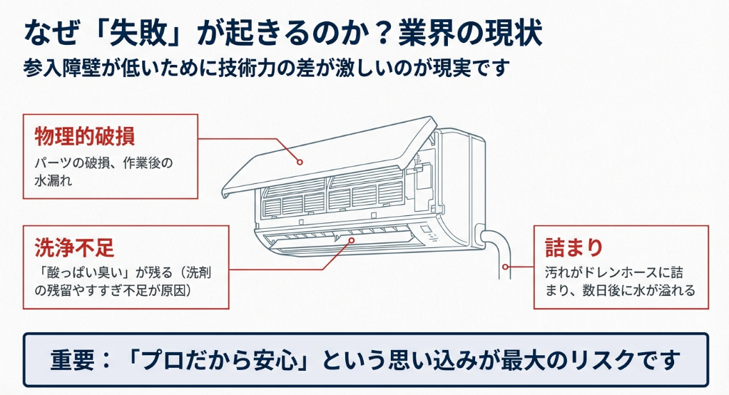 エアコン掃除の失敗例として、物理的破損、洗浄不足による酸っぱい臭い、汚れの詰まりによる水漏れの3つのパターンを図解。