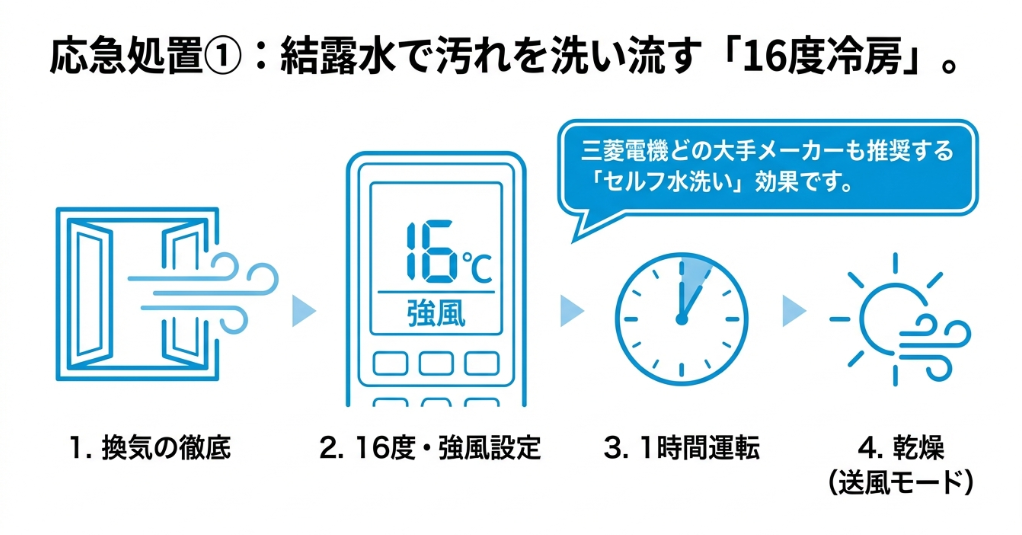 エアコンのリモコンを16度・強風に設定し、換気しながら1時間運転する応急処置の手順