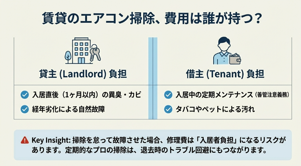 賃貸物件におけるエアコンクリーニング費用の負担区分を、入居直後や定期清掃などのケース別にまとめた表