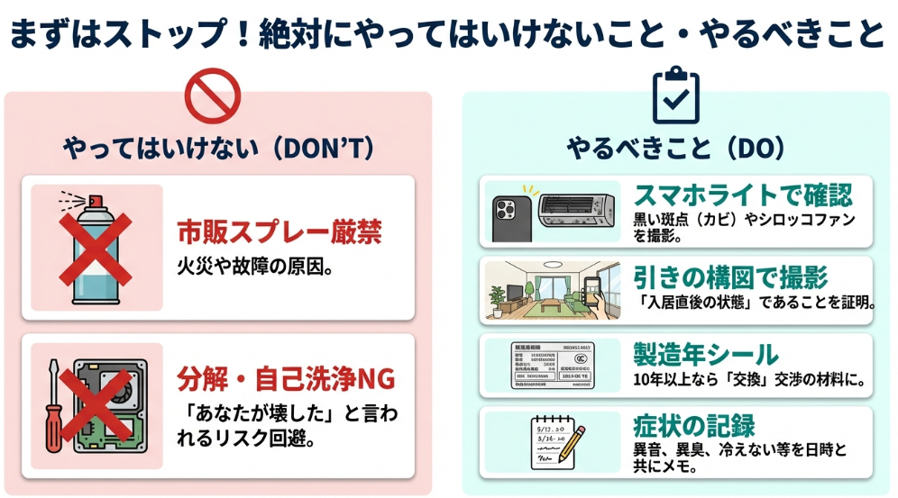 エアコン掃除で市販スプレーや自己分解がNGである理由と、スマホライトでの確認や引きの構図での撮影など、やるべき証拠保全の手順