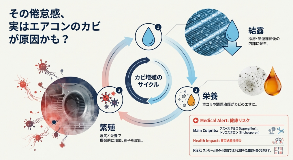 エアコン内部のアスペルギルスやトリコスポロンが引き起こす夏型過敏性肺炎と胞子飛散のリスク解説図
