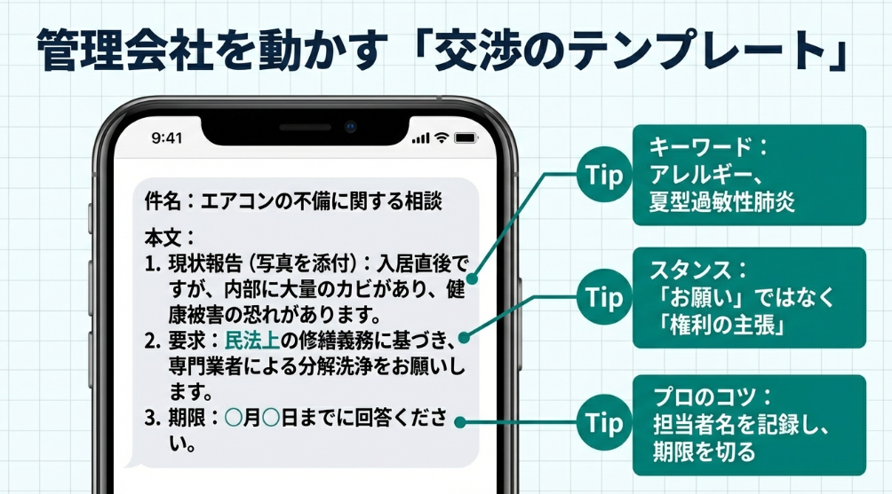 件名や本文の構成案、アレルギーなどのキーワード、お願いではなく権利の主張というスタンスなど、プロが教える交渉のコツ。