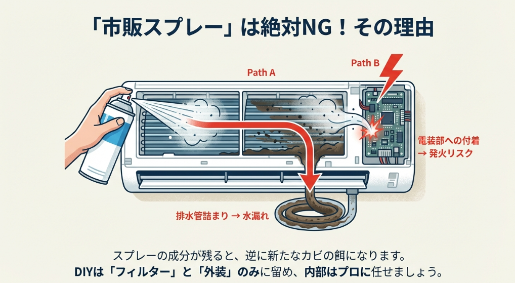 洗浄スプレーの残留成分がカビの餌になり、電装部への付着が発火リスクを招く仕組みの図解