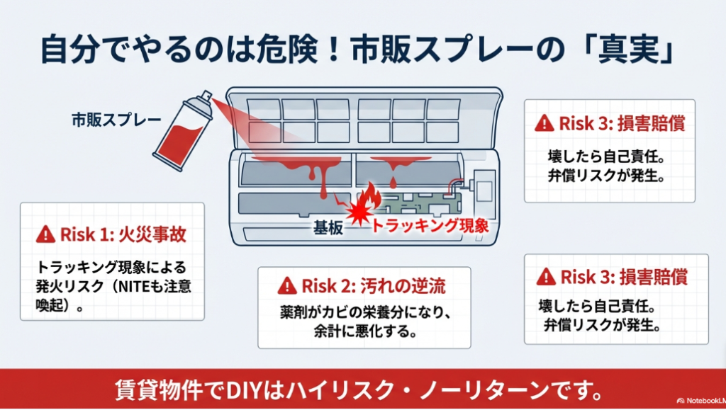 火災事故、汚れの逆流（カビの悪化）、損害賠償リスクの3点を解説。賃貸物件でのDIY掃除はハイリスクであることを強調