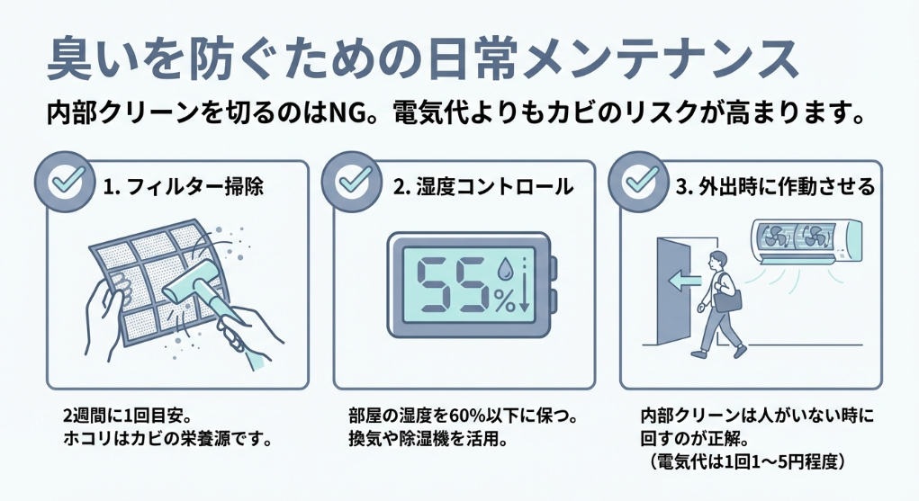 2週間に1回のフィルター掃除、室温60%以下の湿度コントロール、外出時の内部クリーン作動を推奨するイラスト