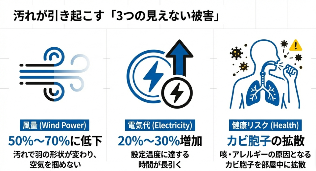 汚れにより風量が50%〜70%に低下し、電気代が20%〜30%増加、さらにカビ胞子が拡散する健康リスクについての解説図