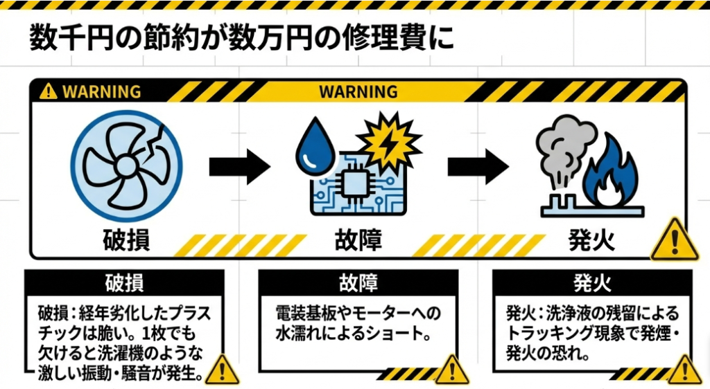 経年劣化したプラスチックの破損、基板への水濡れによる故障、洗浄液残留による発火（トラッキング現象）への警告図