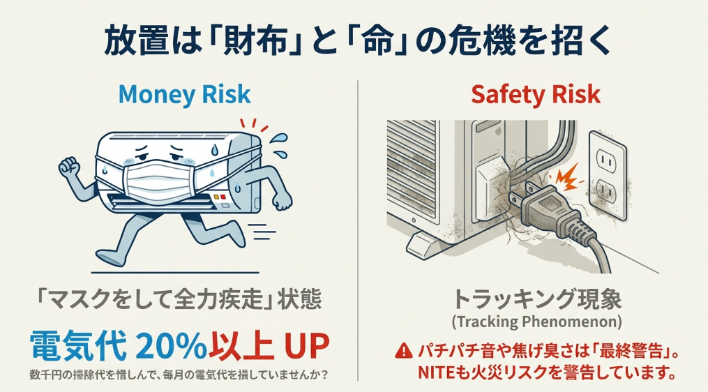 フィルター詰まりによる電気代20%アップの警告と、ホコリが原因のトラッキング現象による発火リスク