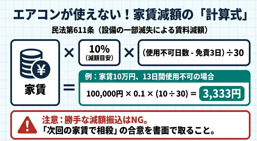 民法第611条に基づく減額計算式。家賃10万円で13日間使えない場合に5,555円減額される計算例と、勝手な相殺はNGという注意点。