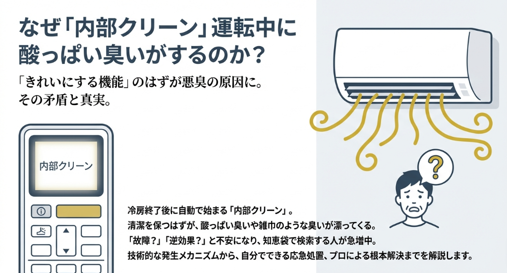 エアコンの内部クリーン中に酸っぱい臭いが漂ってくる悩みと、その原因を解説するタイトルのイラスト