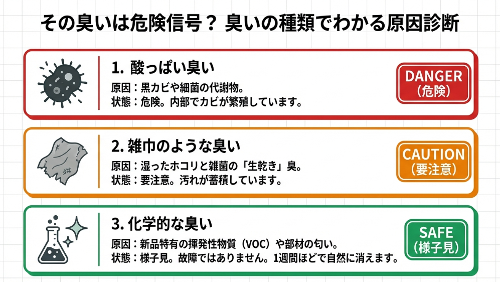 酸っぱい臭い、雑巾臭、化学的な臭いそれぞれの原因と、内部の汚染状態（危険・要注意・様子見）を判定する診断表