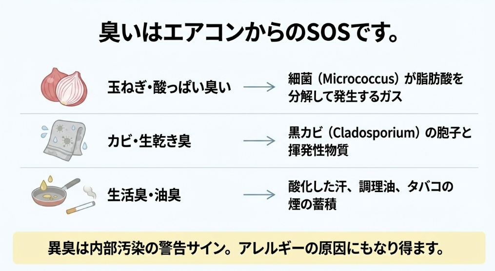 玉ねぎ臭の原因菌マイクロコッカスや黒カビの胞子、生活臭の蓄積など異臭の要因をまとめた比較図