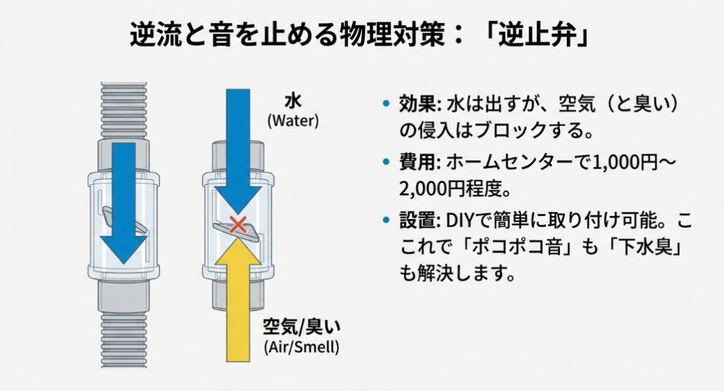 水は出すが空気と臭いの侵入はブロックする、ドレンホースに取り付ける逆止弁の効果と費用の説明