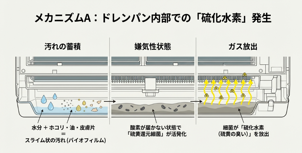 ドレンパンに水分やホコリが溜まり、酸素が届かない状態で硫黄還元細菌が活発化し、硫化水素を放出するまでの3ステップ図解