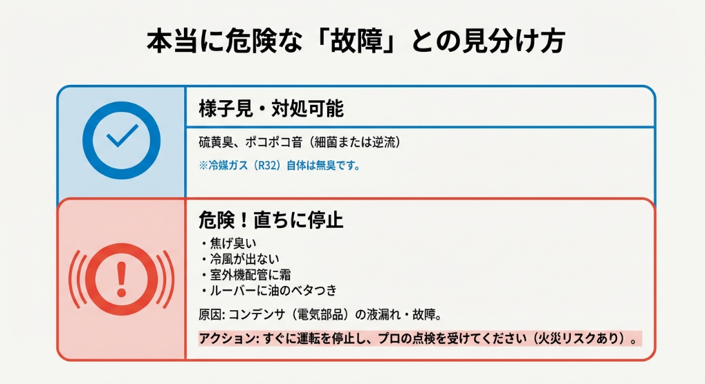 様子見でOKな硫黄臭・ポコポコ音と、直ちに停止すべき焦げ臭さ・冷風が出ないなどの故障を比較したチェックリスト