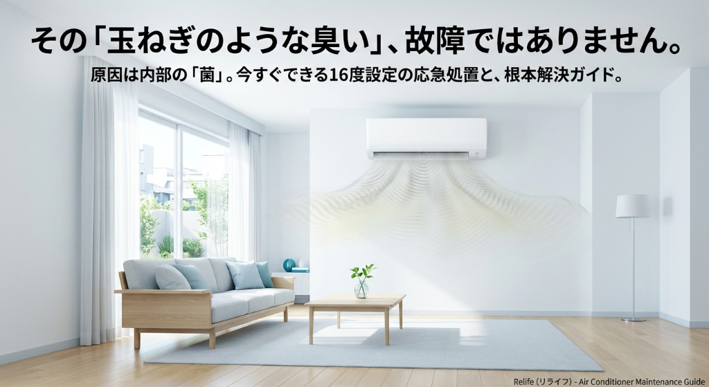 エアコンから玉ねぎの臭いがする原因と16度設定の応急処置、根本解決方法をまとめたリライフのガイド表紙