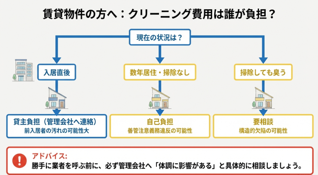 入居直後（貸主負担）、数年居住（自己負担）など、現在の状況に合わせてエアコン掃除の費用負担を確認できるチャート図