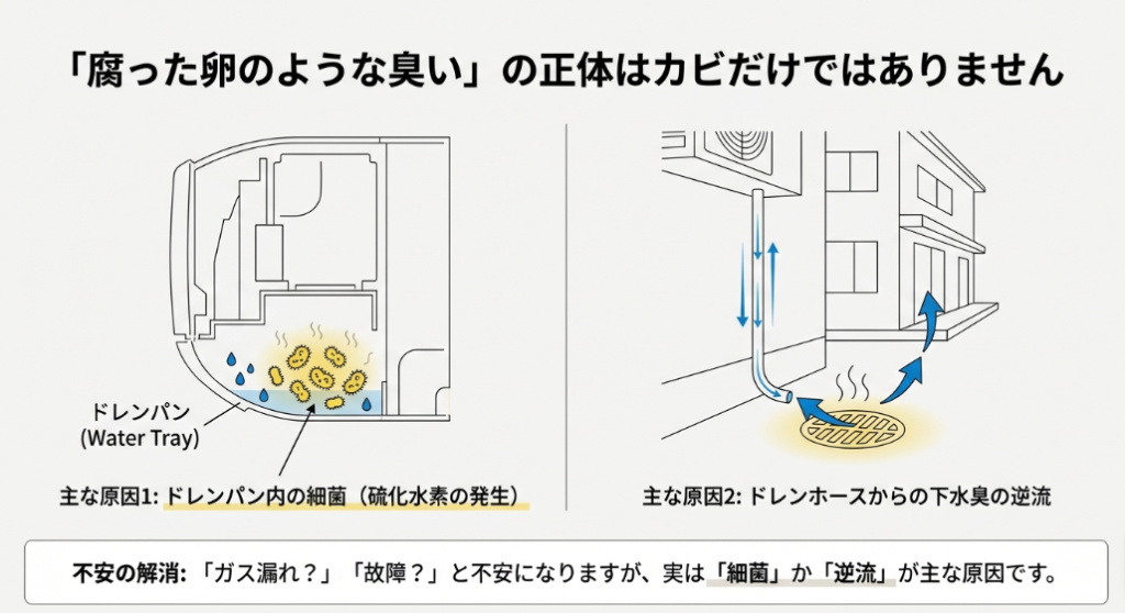 エアコンの硫黄臭の原因が、ガス漏れや故障ではなく、主に「細菌」か「外気の逆流」であることを示す解説図