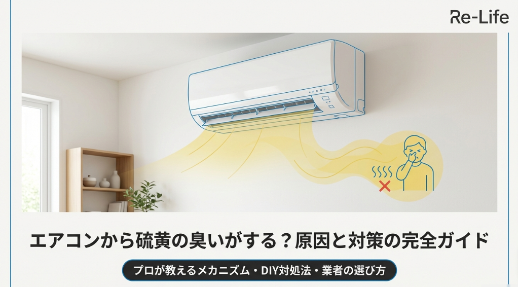 エアコンから硫黄の臭いがする原因と対策をプロが解説する、スライド資料の表紙画像。