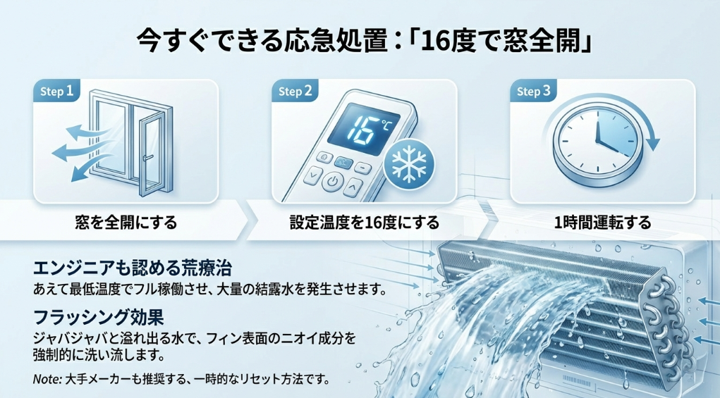 窓を全開にして設定温度を16度にし、大量の結露水でフィンを洗い流すフラッシング効果の手順図